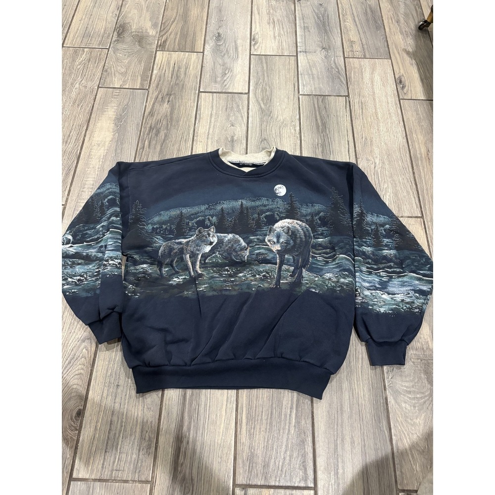 Vintage‎ Men's Wolf Pack Moon Forest Graphic Sweatshirt Navy Blue Crew Neck XL